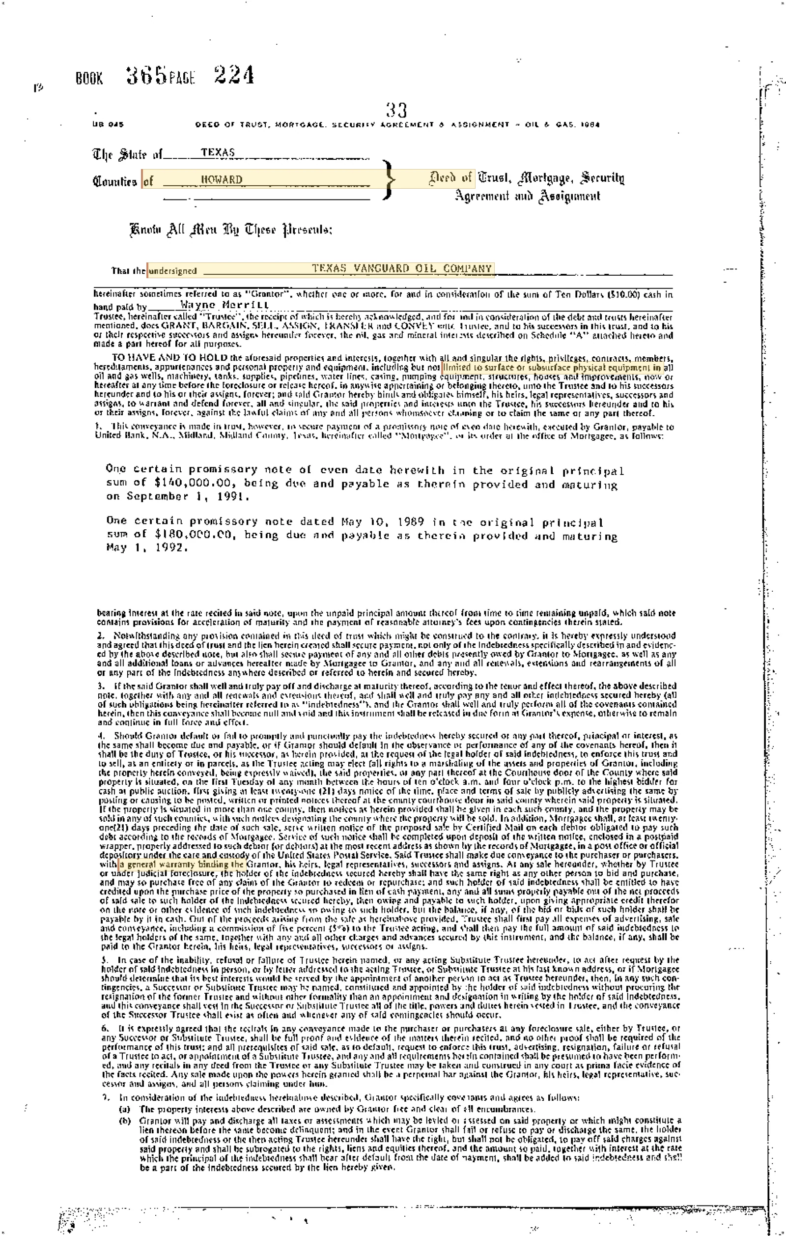 Texas Vanguard Oil Co - Recorded Dt Vol: 365 Pg: 224; Deed Of Trust (Doc #DOCC00000033-DT-365-224)