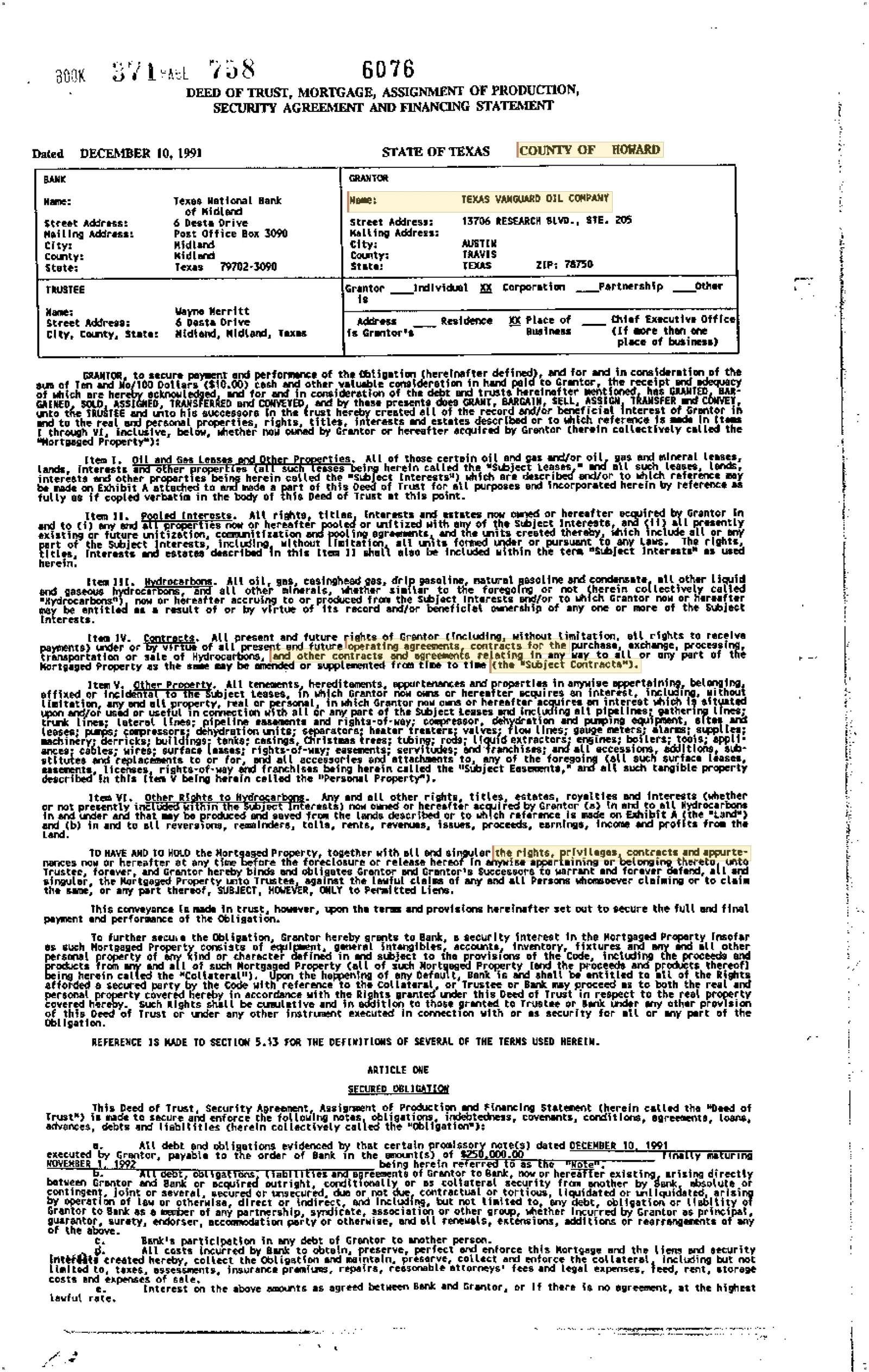 Texas Vanguard Oil Co - Recorded Dt Vol: 371 Pg: 758; Deed Of Trust (Doc #DOCC00006076-DT-371-758)
