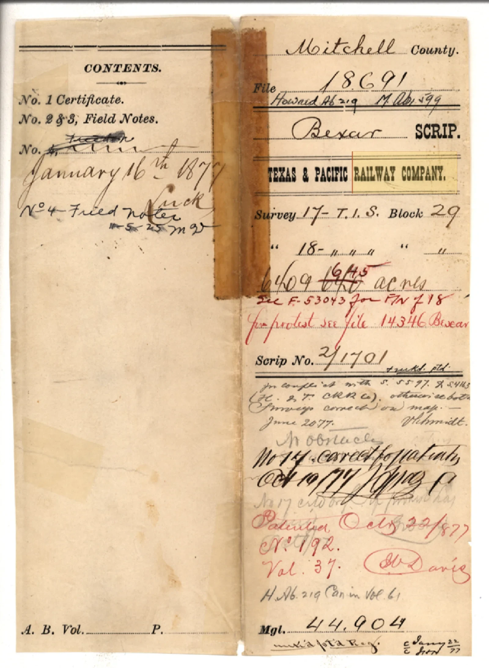 Texas and Pacific Railway Company Original Cursive Land Grant & Field Notes (Howard County, Abstract A-219)